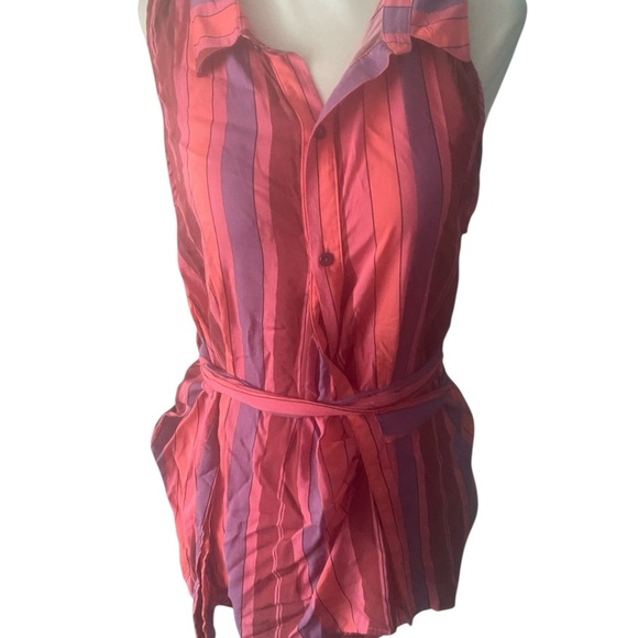 Free People Mackenzie striped point collar sleeveless tie wrap blouse - Picture 2 of 12